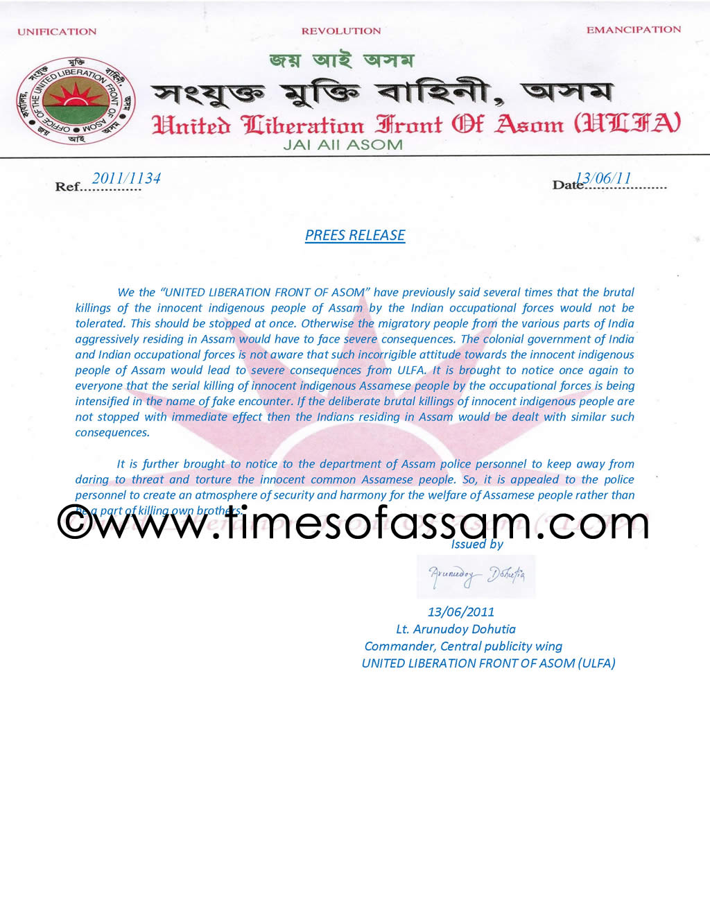 ULFA Press Release sent by Arunodoy Dohotiya