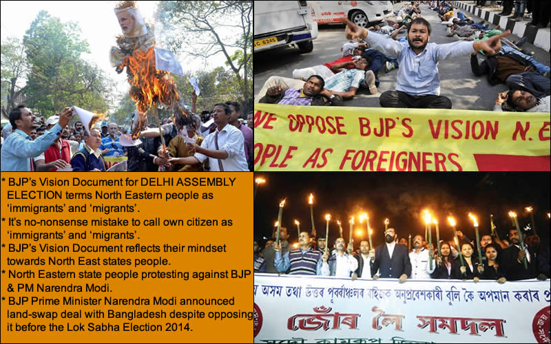 The BJP's vision document for Delhi assembly election that described people from the North East India as “immigrants” and “migrants” fired protests in the region on Wednesday, February 04, 2015. Tension prevailed at the State BJP headquarters for over an hour as hundreds of National Students’ Union of India activists staged a dharna blocking entry to the BJP office. The activists shouted slogans and also burnt the BJP party flags. The NSUI workers tried to break police barricade and demanded an unconditional apology by the BJP. Later, police reinforcements arrived at the scene and pushed the NSUI activists away. Senior State Congress leaders led a procession in the city to Deputy Commissioner’s office. The All-Assam Students’ Union (AASU) took out a torchlight procession in the evening across the State to press for unconditional apology by the BJP. “The BJP leaders have been trying to explain saying it was a clerical, printing mistake. We say it is a historic mistake. Terming the people of the Northeast as immigrants is an unpardonable crime. The BJP must tender unconditional apology to the entire people of the Northeast,” demanded AASU adviser Samujjal Bhattacharjya, who led the torchlight procession in the city. A group of students took to the streets in Guwahati and burnt Prime Minister Narendra Modi and Union minister Sarbananda Sonowal's effigies. The All Assam Students' Union (AASU) activists took out a separate candle-light rally to protest the reference. "We cannot tolerate such behaviour anymore by national parties like the BJP,'' said AASU advisor Samujjal Bhattacharyya . "It has revealed the BJP's negligence and anti-people approach. We demand the party apologize to the people of the region,'' he said even as the BJP insisted it was a clerical mistake that has been rectified. Krishak Mukti Sangram Samiti (KMSS) activists blocked roads in busy Dighalipukhri area for hours, while refusing to accept the BJP's explanation. "The word immigrant exposes the BJP's and RSS's attitude towards the people from the northeast. Modi should apologize," KMSS president Akhil Gogoi said. He added the KMSS would intensify protests till the Prime Minister apologizes. National Students Union of India's Miltan Handique condemned the reference and said it has again revealed the BJP has no respect for the region's people. "Just after making promises of development and welfare, the party has treated us is such a bad manner.'' The Students' Federation of India activists(SFI) marched till the BJP headquarters in Guwahati and demanded resignations of Union ministers Kiren Rijiju and Sonowal. It comes amid unhappiness over Modi's announcement for going ahead with the land-swap deal with Bangladesh despite opposing it before the Lok Sabha election. The State unit of the Communist Party of India (Marxist) alleged the use of the term “immigrants” was “reflective of its distorted mindset.” “Whatever explanations the BJP may have come up now, the fact remains that the BJP treats the people from North-east as “migrants”, or “immigrants” or “foreigners” in the country’s Capital and elsewhere,” alleged State CPI (M) Secretary Uddhab Barman. Arunachal Civil Society (ACS) condemned the reference - says, "We will encourage China to stake claim over the region". ACS chairman Patey Tayum asked how the ruling party could commit such a mistake. "We are not immigrants; we are part of the country. The term immigrant not only hurts the sentiments of people here, it raises questions about the Centre's attitude towards people from the region.'' Tripura Chief Minister Manik Sarkar asked the BJP to respect the Constitution and make a correction. "The northeast is part of India. People from the region, who reside in Delhi, are citizens of the country. Any Indian citizen can stay anywhere in the country.'' In Imphal, the CPI held a demonstration while its secretariat member N Mangi called the BJP's attitude a "manifestation of its hidden agenda of racial discrimination towards the people of the region''.